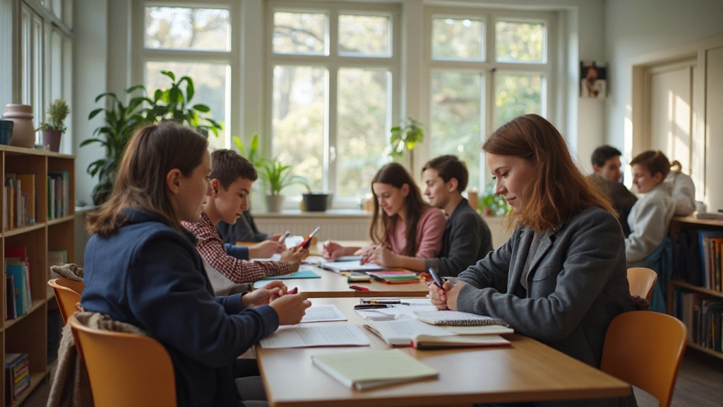 Moderne Nederlandse klasruimte met studenten die samen Nederlands spreken en leren in een gezellige omgeving