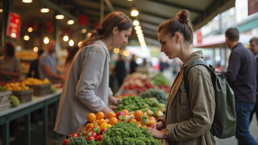 Nederlandse voedselmarkt met verschillende groenten en een vrouw die met de verkoper praat